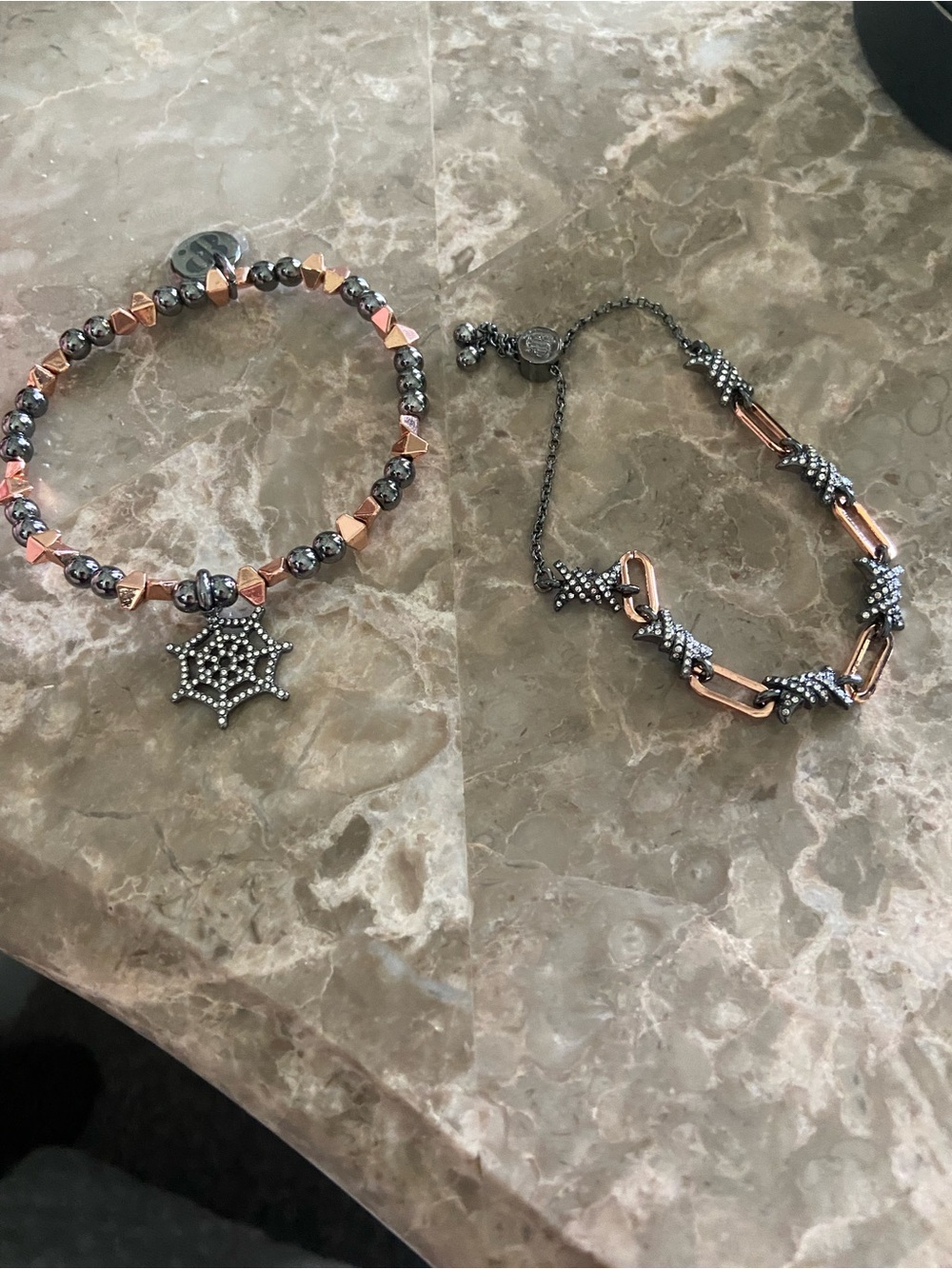 Two-Tone Hematite & Rose Gold Bracelet Set with Spider Web Charm